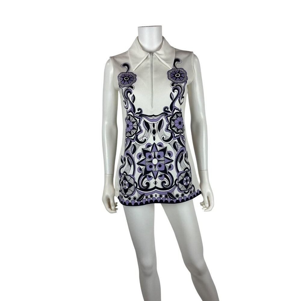 Vintage 70s Tunic Top Womens M Purple Psychedelic Print Zip Up Collared Polyeste